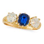 AN ANTIQUE SAPPHIRE AND DIAMOND RING in 18ct yellow gold, set with a cushion cut blue sapphire of