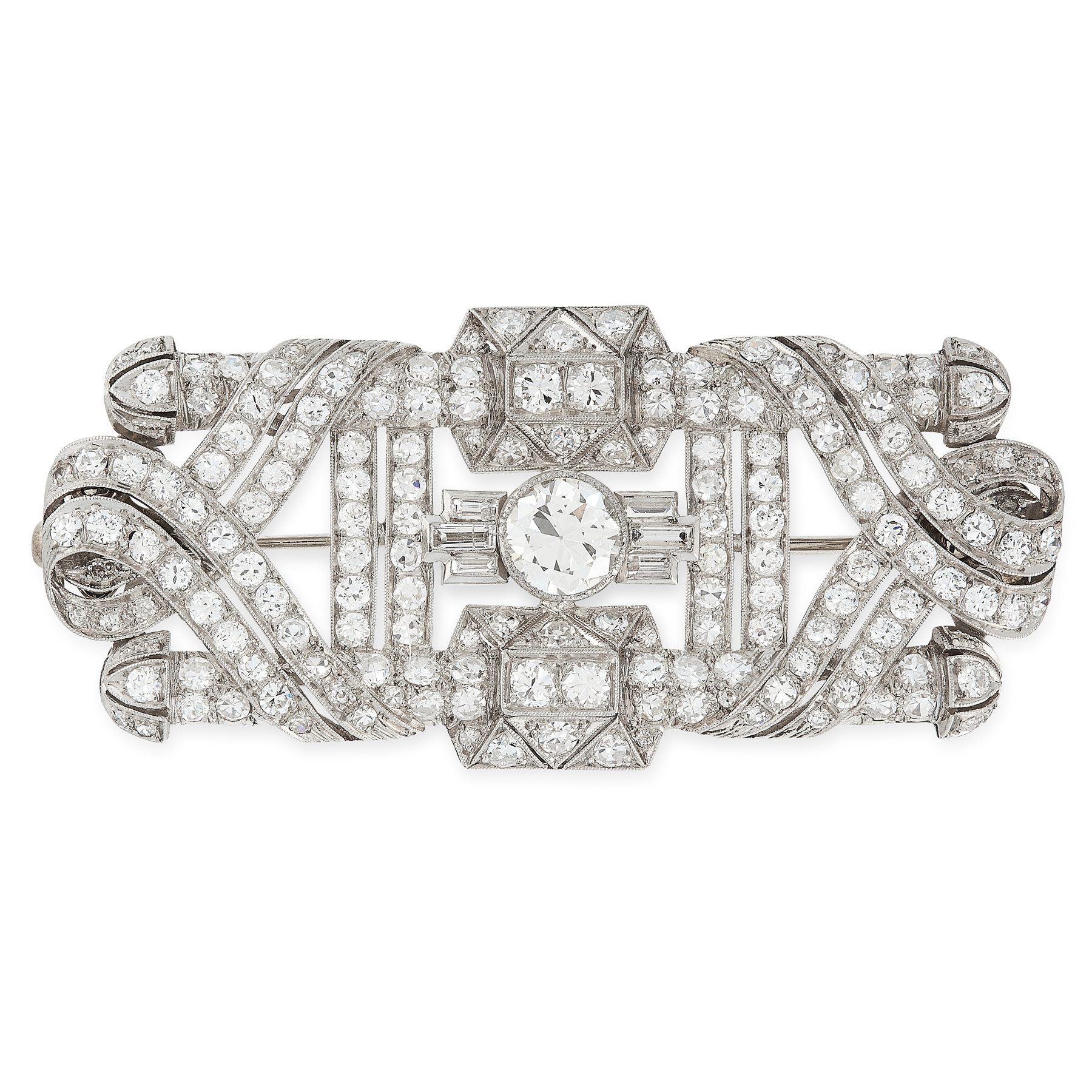 A DIAMOND BROOCH, CIRCA 1930 in platinum, the rectangular body set with a central transitional cut