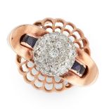 A RETRO DIAMOND AND SAPPHIRE DRESS RING in yellow gold, the central spherical motif jewelled with