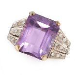 AN AMETHYST AND DIAMOND RING in 18ct white gold, set with an emerald cut amethyst of 8.72 carats