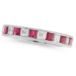 A RUBY AND DIAMOND ETERNITY BAND RING designed as a full band set with alternating step cut rubies