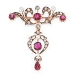 AN ANTIQUE RUBY, DIAMOND AND PEARL BROOCH, 19TH CENTURY in yellow gold and silver, the articulated