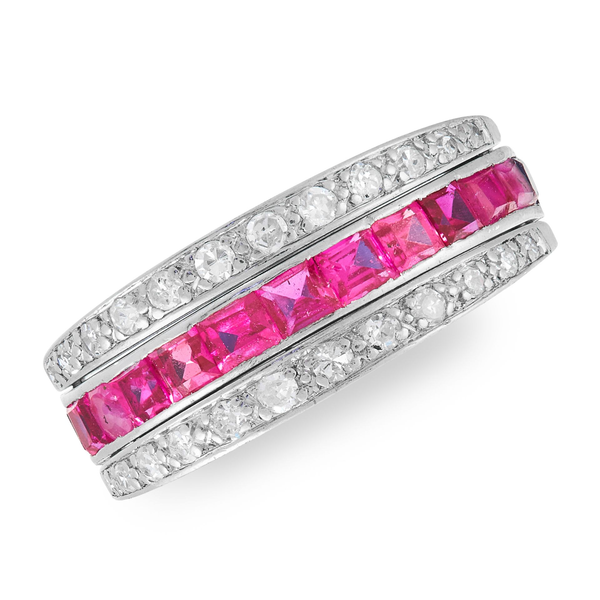 AN ART DECO SAPPHIRE, RUBY AND DIAMOND REVERSIBLE RING the central eternity band half set each - Bild 2 aus 2