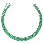 A JADEITE JADE AND DIAMOND BEAD NECKLACE in platinum, comprising four rows of graduated polished