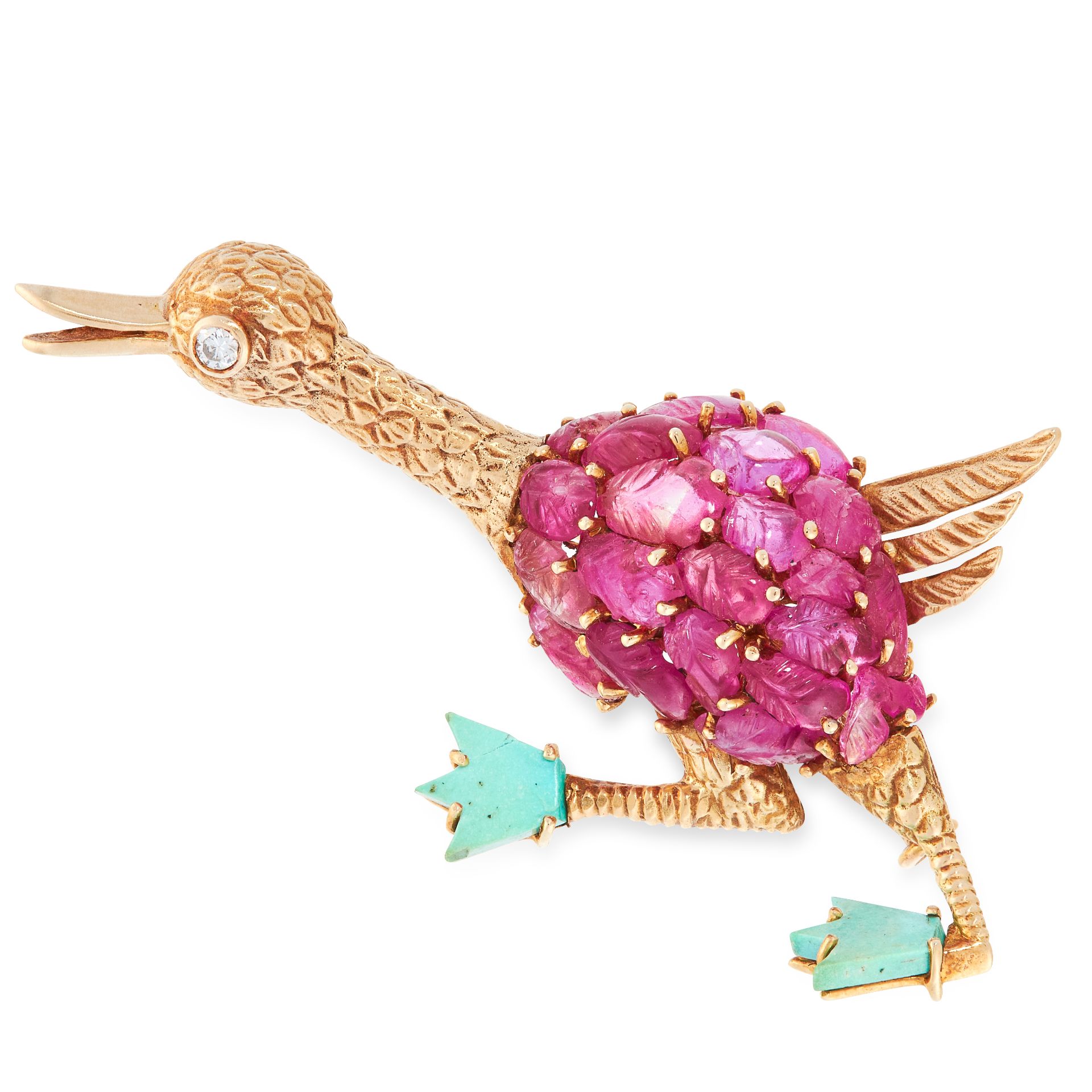 A VINTAGE RUBY, DIAMOND AND TURQUOISE DUCK BROOCH, VACHERON CONSTANTIN in 18ct yellow gold, designed