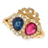 A RUBY, SAPPHIRE AND DIAMOND SWEETHEART RING in 18ct yellow gold, designed as two interlocking
