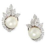 A PAIR OF NATURAL PEARL AND DIAMOND EARRINGS in white gold, each set with a pearl of 9.8mm and 9.