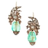 A PAIR OF ANTIQUE COLOMBIAN EMERALD AND DIAMOND EARRINGS, 19TH CENTURY in yellow gold and silver,