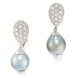 A PAIR OF VINTAGE PEARL AND DIAMOND EARRINGS in platinum, each set with a grey pearl suspended below