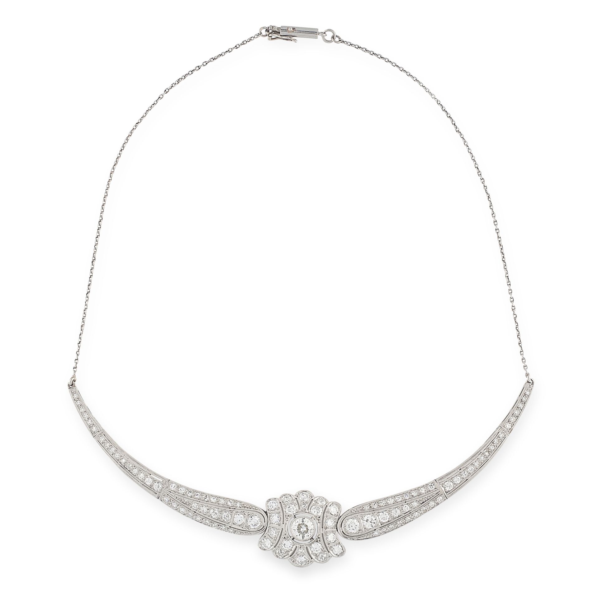 A VINTAGE DIAMOND NECKLACE, CIRCA 1950 the central motif set with a principal round cut diamond of