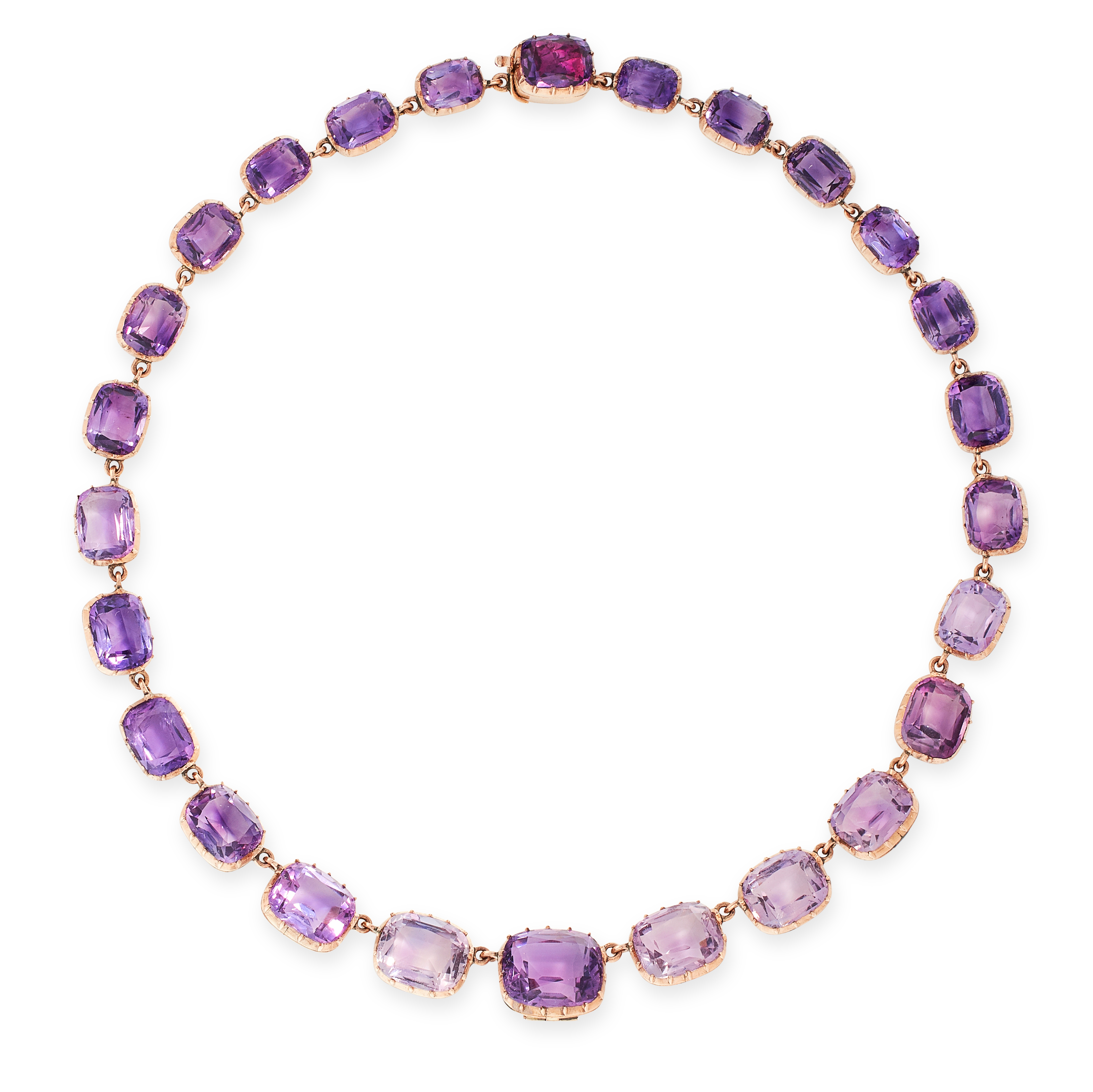 AN ANTIQUE AMETHYST RIVIERE NECKLACE, 19TH CENTURY in yellow gold, comprising a single row of