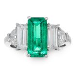 AN UNTREATED COLOMBIAN EMERALD AND DIAMOND RING in platinum, set with an emerald cut emerald of 2.04
