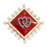 AN ANTIQUE DIAMOND, PEARL AND ENAMEL SWEETHEART BROOCH, LATE 19TH CENTURY in high carat yellow