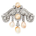 A NATURAL PEARL AND DIAMOND BROOCH, EARLY 20TH CENTURY in 18ct white gold, formed of scrolling