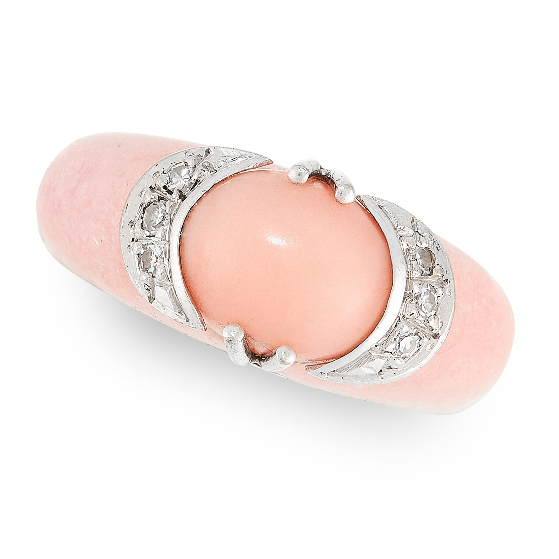 A VINTAGE CORAL AND DIAMOND DRESS RING in 18ct white gold, the band half set with a polished piece