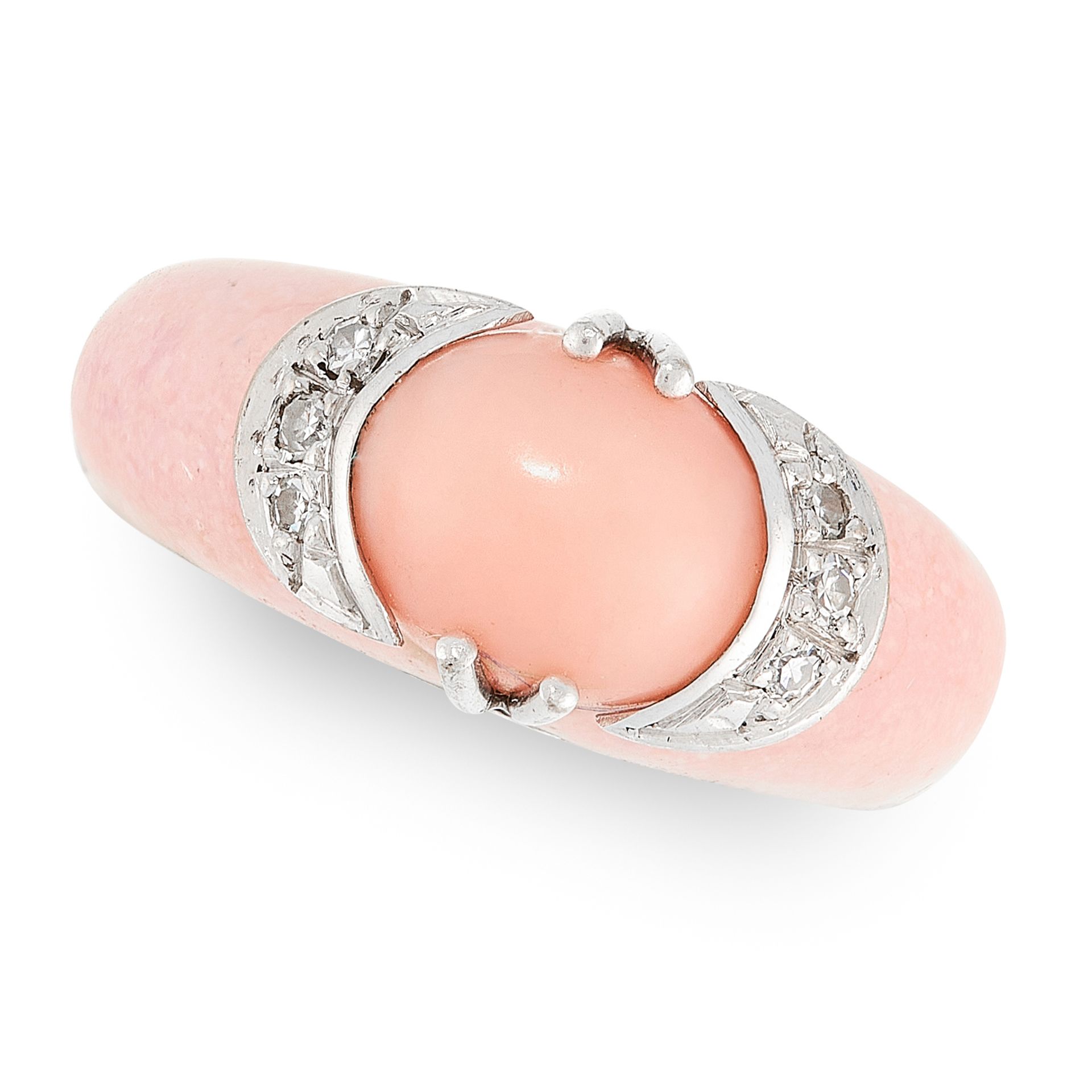 A VINTAGE CORAL AND DIAMOND DRESS RING in 18ct white gold, the band half set with a polished piece