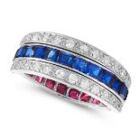 AN ART DECO SAPPHIRE, RUBY AND DIAMOND REVERSIBLE RING the central eternity band half set each