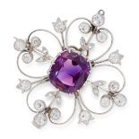 AN AMETHYST AND DIAMOND BROOCH, EARLY 20TH CENTURY set with a central cushion cut amethyst within