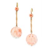 A PAIR OF CHINESE CARVED CORAL DROP EARRINGS, EARLY 20TH CENTURY in yellow gold, each formed of a