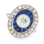 A DIAMOND AND SAPPHIRE DRESS RING in platinum, of target design, set with a central old European cut