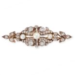 AN ANTIQUE PEARL AND DIAMOND BROOCH, CIRCA 1900 in yellow gold and silver, the tapering body