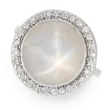 A GREY STAR SAPPHIRE AND DIAMOND RING set with a round cabochon grey star sapphire of 9.28 carats