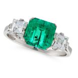 A COLOMBIAN EMERALD AND DIAMOND RING in platinum, set with an emerald cut emerald of 2.02 carats,