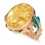 A CEYLON NO HEAT YELLOW SAPPHIRE, DIAMOND AND ENAMEL RING in yellow gold, set with a cushion cut
