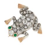 AN ANTIQUE DIAMOND AND EMERALD FROG BROOCH, 19TH CENTURY in yellow gold and silver, designed as a