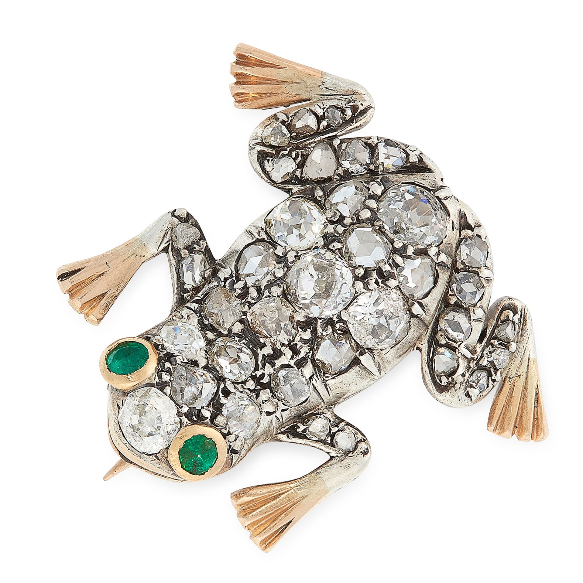 AN ANTIQUE DIAMOND AND EMERALD FROG BROOCH, 19TH CENTURY in yellow gold and silver, designed as a