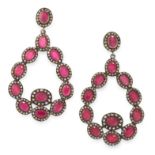 A PAIR OF RUBY AND DIAMOND EARRINGS each designed as a series of ruby and diamond set clusters,