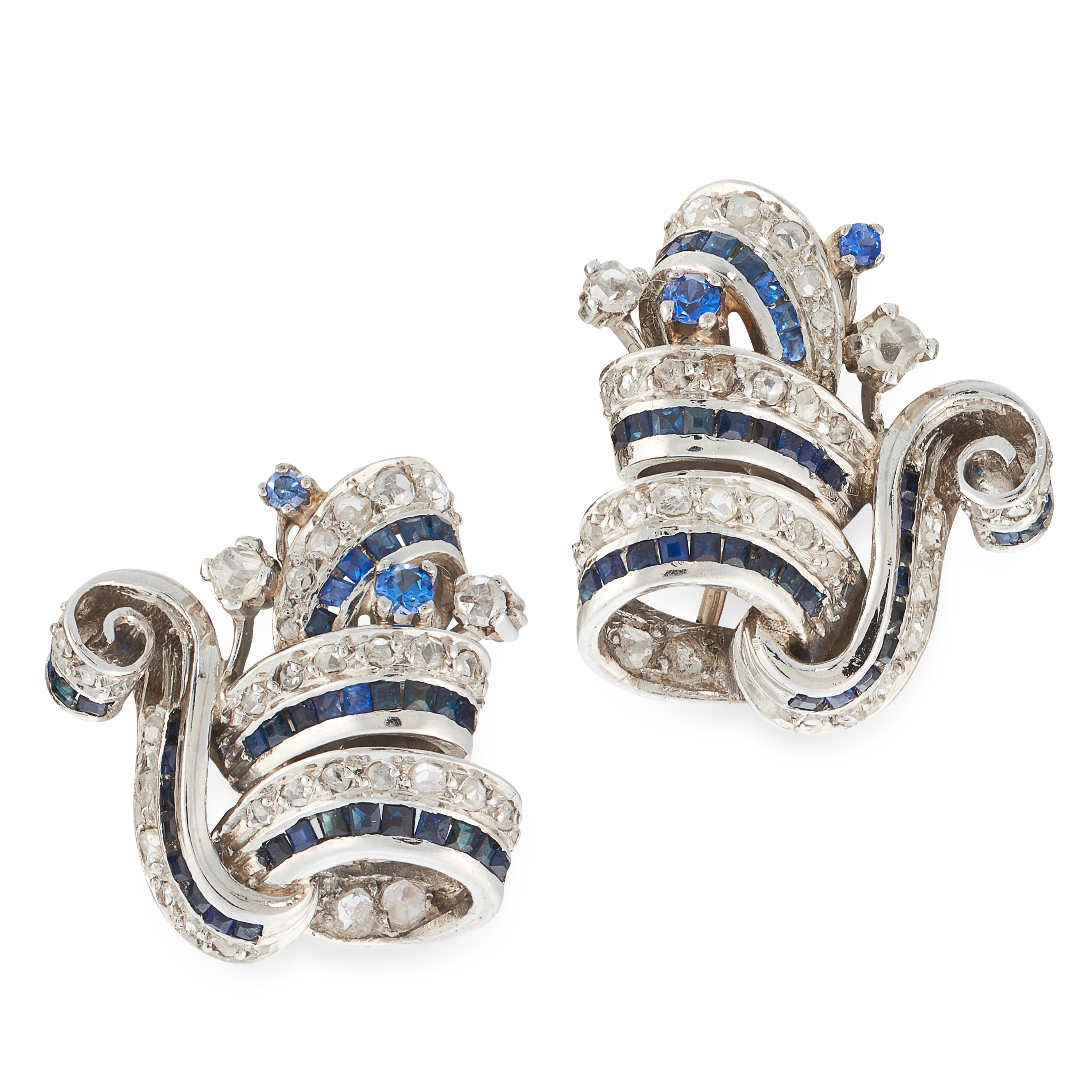 A PAIR OF RETRO SAPPHIRE AND DIAMOND EARRINGS, CIRCA 1950 in 18ct white gold, of scrolling design,