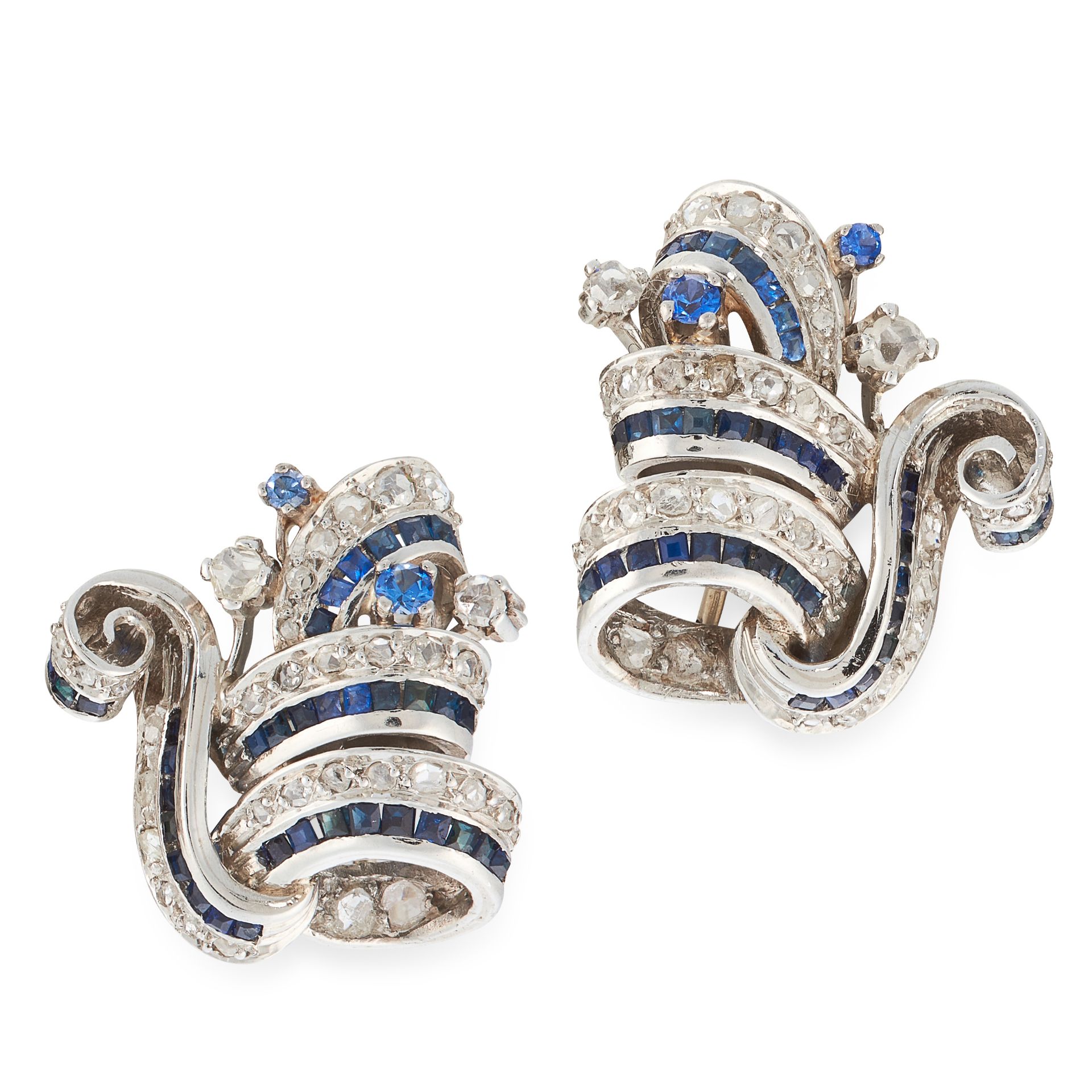 A PAIR OF RETRO SAPPHIRE AND DIAMOND EARRINGS, CIRCA 1950 in 18ct white gold, of scrolling design,