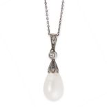 A PEARL AND DIAMOND PENDANT AND CHAIN the pendant set with a drop shaped pearl of 12.5mm, accented