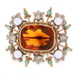 AN ANTIQUE CITRINE, MOONSTONE, DIAMOND AND EMERALD BROOCH in yellow gold and silver, set with a