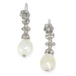A PAIR OF NATURAL PEARL AND DIAMOND EARRINGS each set with a pearl of 10.8mm and 10.5mm, below