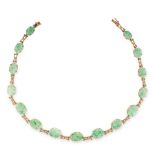 A JADEITE JADE AND DIAMOND NECKLACE, EARLY 20TH CENTURY in yellow gold, comprising a row of
