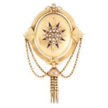 AN ANTIQUE DIAMOND, PEARL AND ENAMEL MOURNING LOCKET BROOCH, 19TH CENTURY in 18ct yellow gold, the