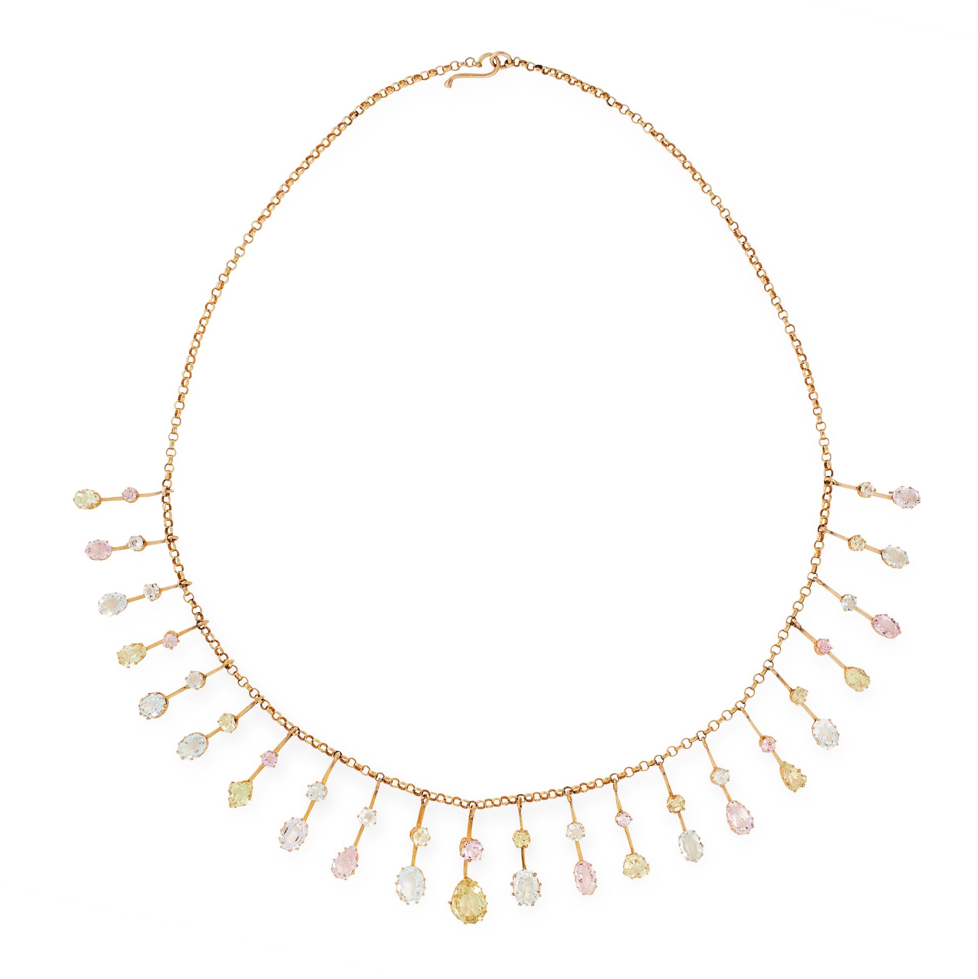 AN ANTIQUE PINK TOPAZ, AQUAMARINE AND CHRYSOLITE NECKLACE, LATE 19TH CENTURY in yellow gold,