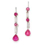 A PAIR OF RUBY AND DIAMOND EARRINGS each designed as a drop formed of alternating pear cut and round