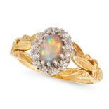 AN OPAL AND DIAMOND DRESS RING in 18ct yellow gold, set with an oval cabochon opal within a border