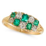 AN ANTIQUE EMERALD AND DIAMOND RING, 19TH CENTURY in 18ct yellow gold, the face set with two rows of