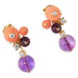 A PAIR OF VINTAGE CORAL, AMETHYST AND DIAMOND DELICE DE GOA EARRINGS, CARTIER in 18ct yellow gold,