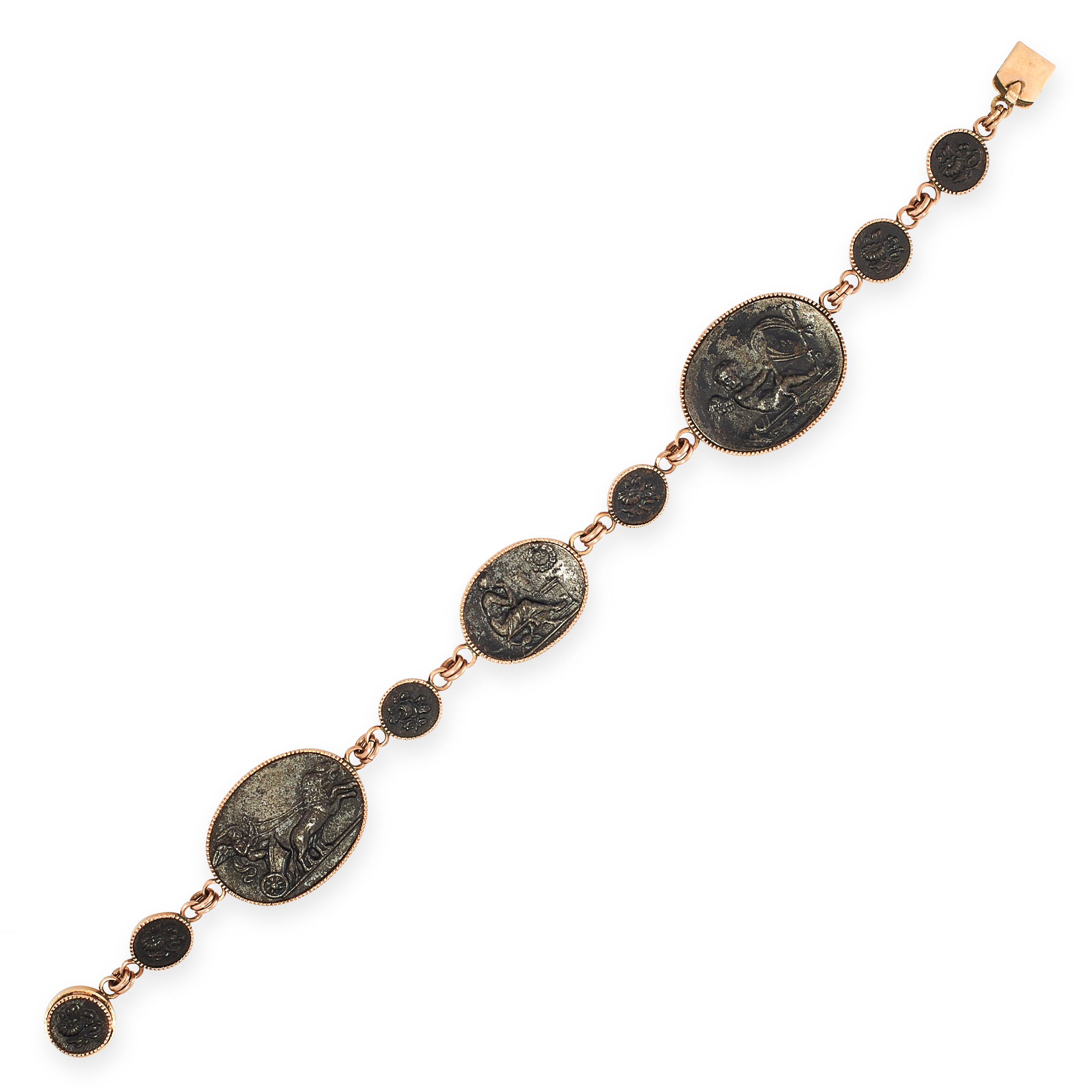AN ANTIQUE BERLIN IRONWORK BRACELET in yellow gold and iron, formed of a trio of principal iron