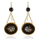 A PAIR OF ANTIQUE MICROMOSAIC AND ONYX EARRINGS, 19TH CENTURY each comprising of a polished onyx