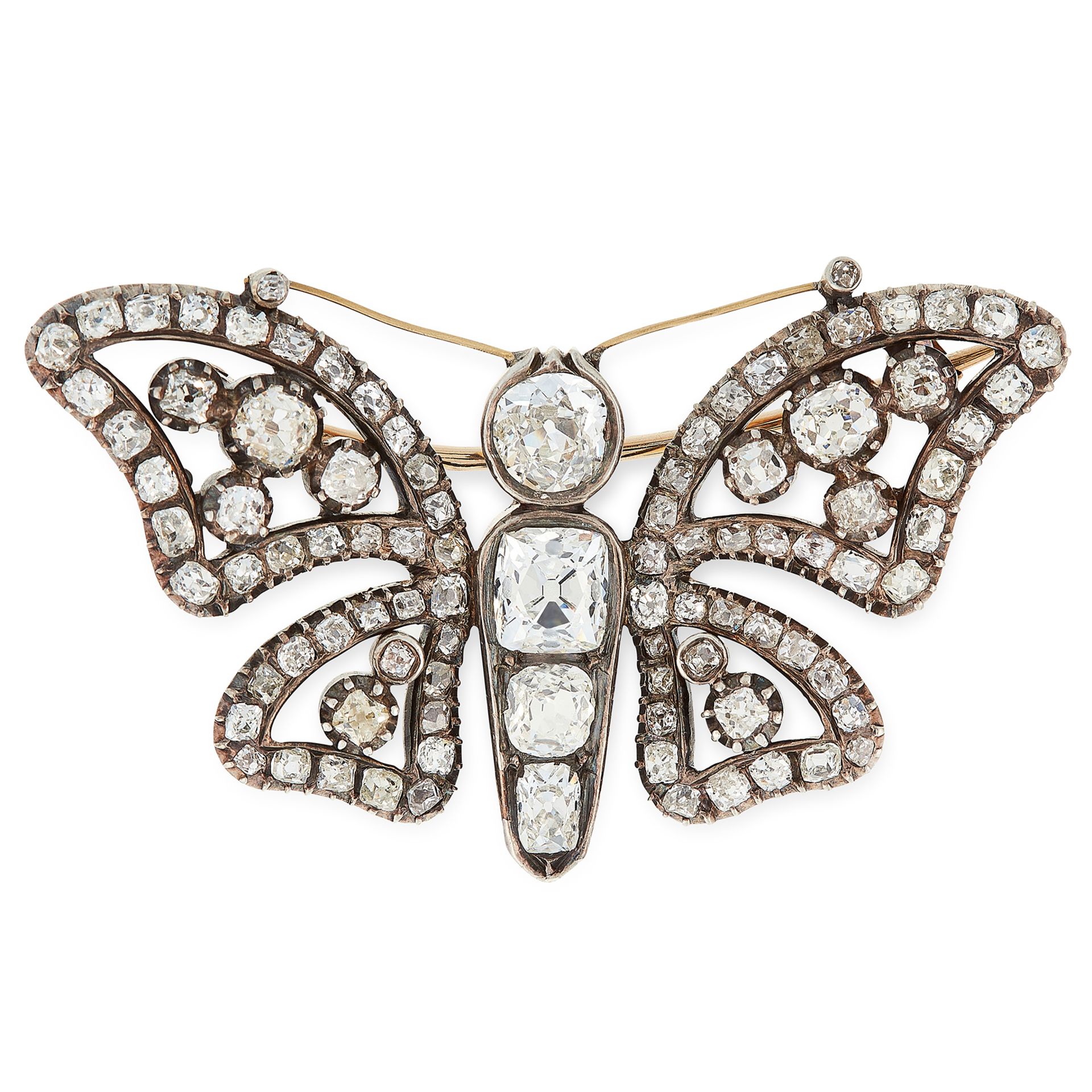 AN ANTIQUE DIAMOND BUTTERFLY BROOCH, 19TH CENTURY in yellow gold and silver, designed as a