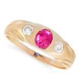 AN ANTIQUE RUBY AND DIAMOND GYPSY RING in high carat yellow gold, the tapering band set with an oval