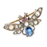 AN ANTIQUE DIAMOND, SAPPHIRE, PEARL AND RUBY BUTTERFLY BROOCH set with an oval cut sapphire,