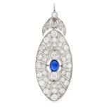 AN ART DECO SAPPHIRE AND DIAMOND PENDANT in platinum, the oval body set with a cabochon sapphire