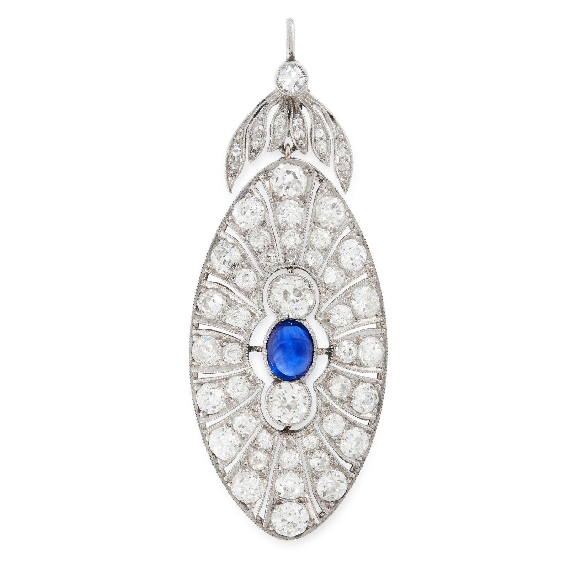 AN ART DECO SAPPHIRE AND DIAMOND PENDANT in platinum, the oval body set with a cabochon sapphire